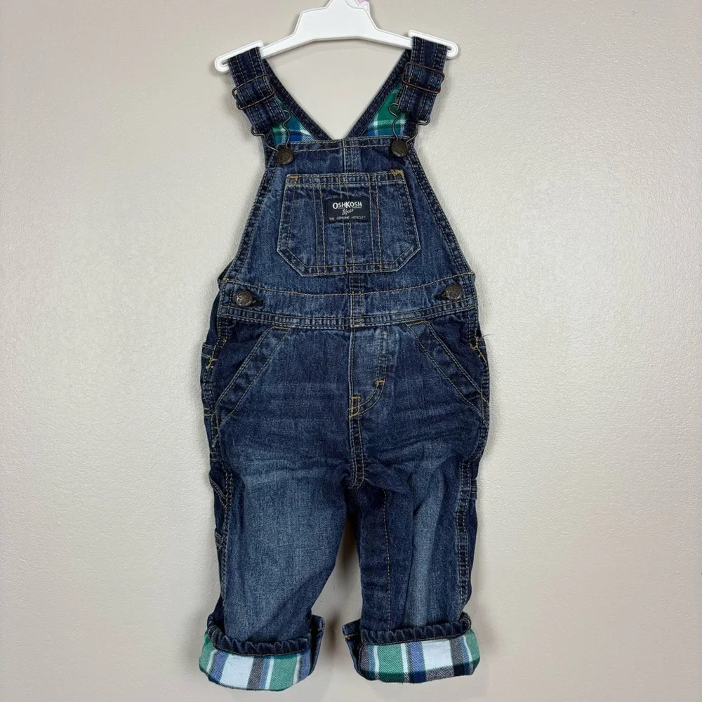 OshKosh B'Gosh Denim Bib Overalls‎ Vestbak Size 9 Mos. Plaid Flannel Lining Blue